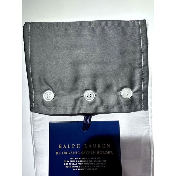 Ralph Lauren Organic Cotton Border Sateen standard Pillowcase Pair white Graphit - Picture 3 of 4